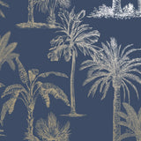 Niederländische Wandverkleidung Tapete Tropische Bäume MarineBlauw und Silberfarbe