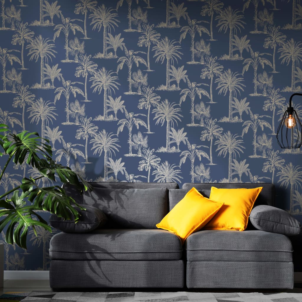 Niederländische Wandverkleidung Tapete Tropische Bäume MarineBlauw und Silberfarbe