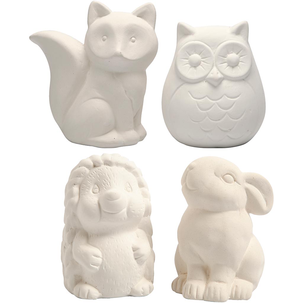 Creativ Company Tier-Spardose, Eule, Fuchs, Igel, Hase, H: 9-10 cm, weiß, 4 Stück 1 Box