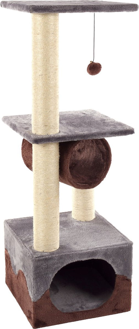 Flamingo-Kratzbaum – Kangri 5 graubraun – 35 × 35 × 102 cm – Sisal-Kratzbaum – mit Tunnel, Hausliegeplattformen – für Katzen