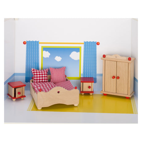 Goki Puppenhausmöbel Serie 2: 4-teiliges Schlafzimmer, für Puppe