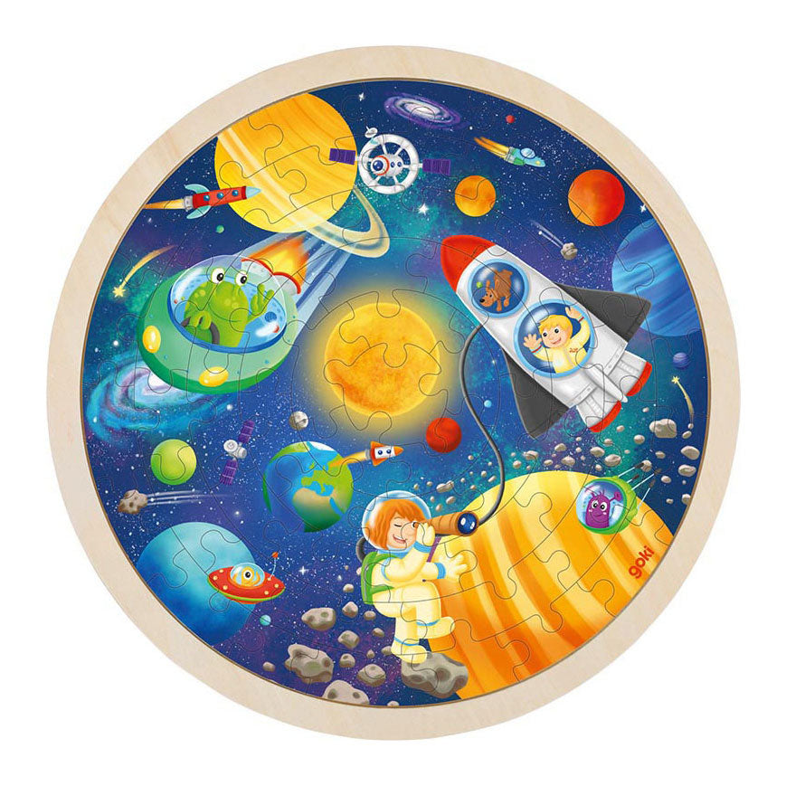 Goki Wooden Jigsaw Puzzle Round Space Travel, 57e.