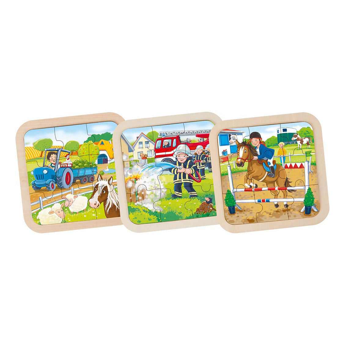 Goki Wooden Jigsaw Puzzle Farm, Fire Brigade, Horse, 9st.