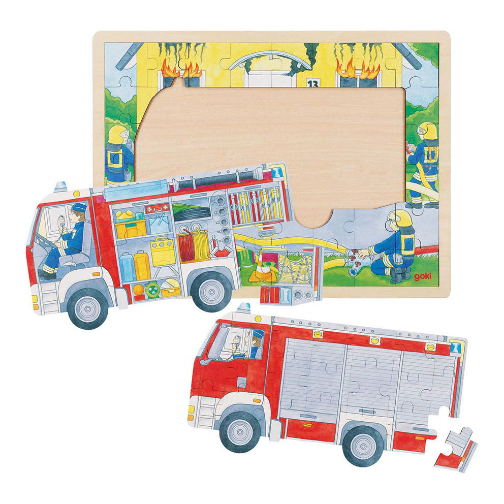 Goki Wooden Strayer Puzzle Fire Brigade al lavoro, 60 °.