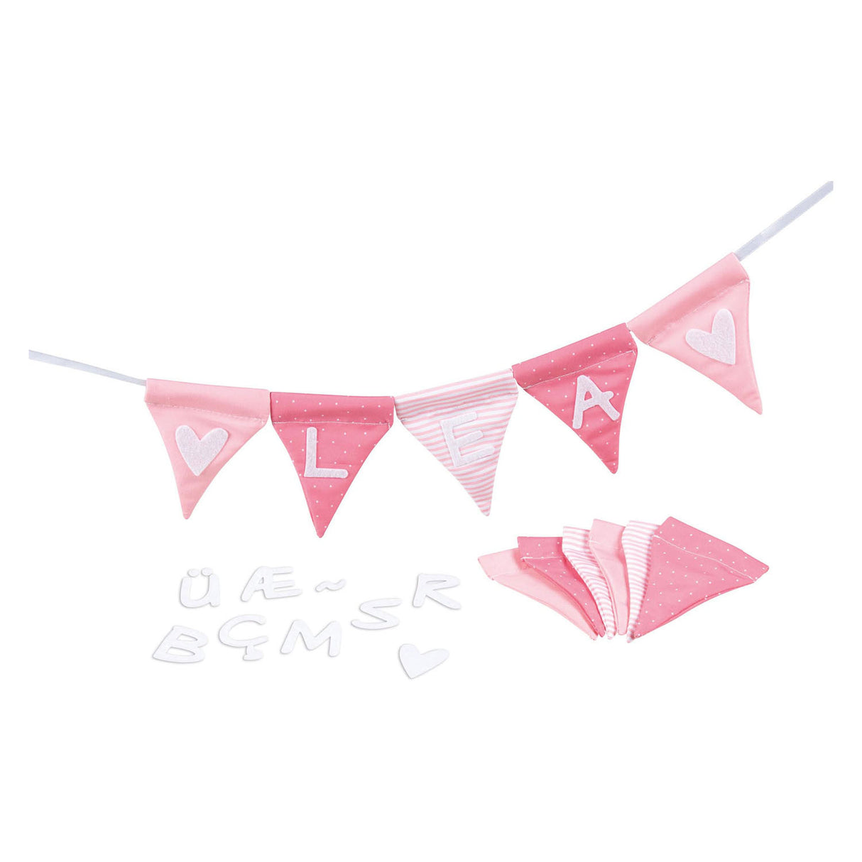 Goki fabric flag line make pink with 10 flags and alphabet characters