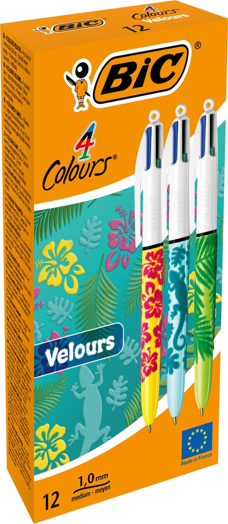 Bic 4-Farben-Velours-Druckkugelschreiber – verschiedene Dschungeldekore – Schachtel mit 12 Stück – mittlere Spitze 1 mm