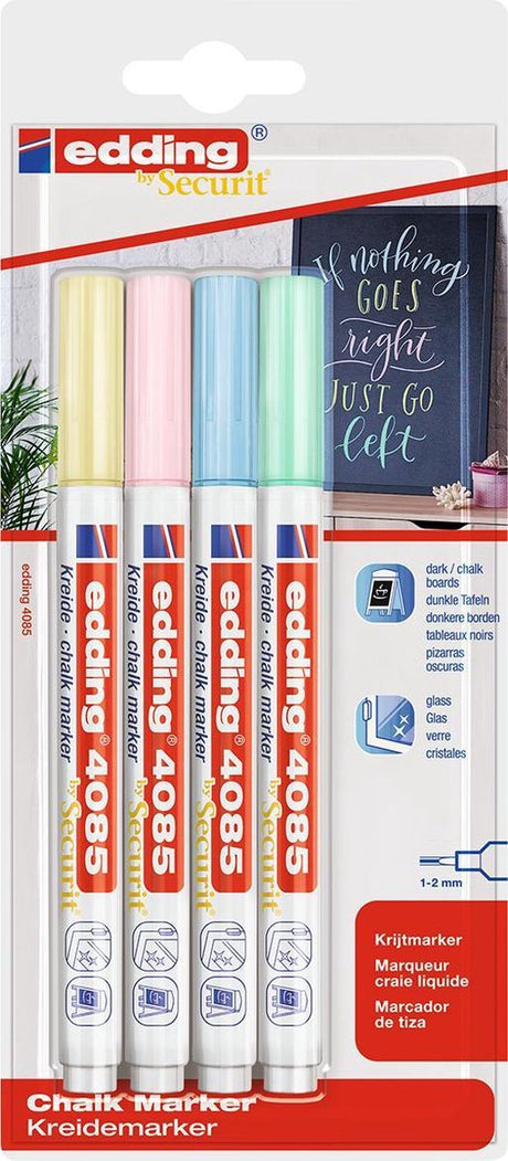 Edding 4085 Kreidemarker – 4 pastellfarbene Fenstermarker – Rundspitze 1–2 mm – Fenstermarker für Schilder, Fenster, Glas, Spiegel – Kreidemarker für Fenster sind abwaschbar und löschbar