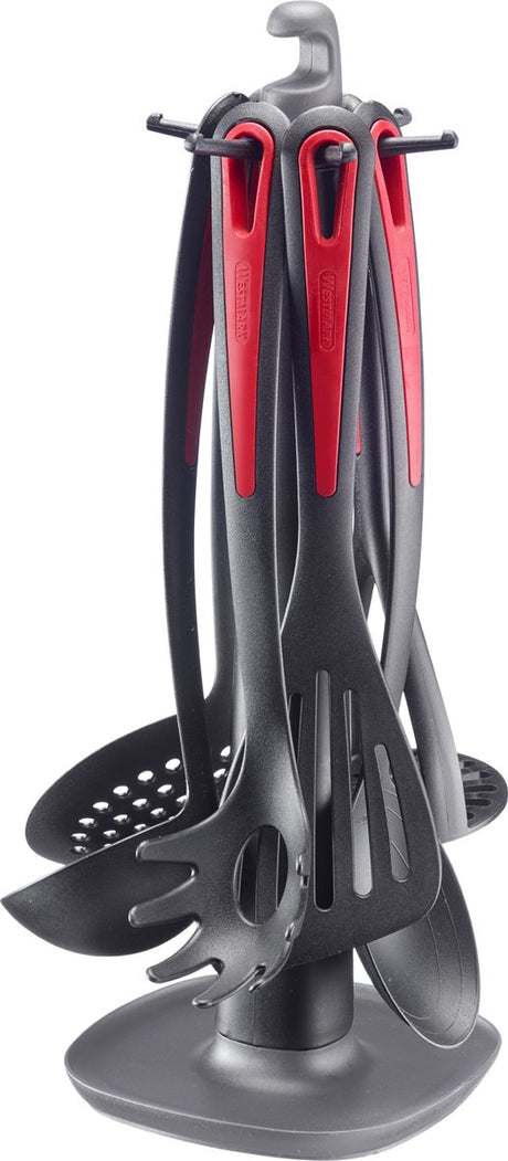 Westmark Küchenutensilien – rotierender Standard-Galant mit Kartoffelstampfer, Gemüselöffel, Spaghettilöffel, Suppenlöffel, Schaumkelle und Pfannenwender – schwarz rot, 7-teiliges Set