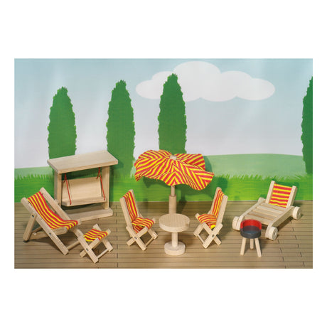 Goki Puppenhausmöbel Serie 2: 9-teilige Gartenmöbel, für Puppe
