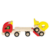 Goki Holzfahrzeug: Sattelauflieger mit Bulldozer 34x8,5x12,5cm, mit Gummireifen, 2+