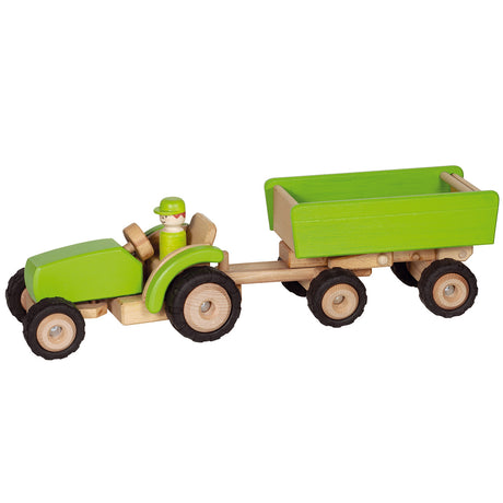 Goki wooden tractor green with trailer