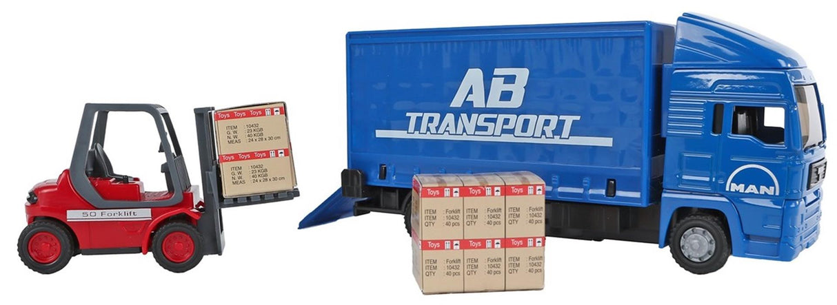 Kinder-Globusmann-LKW mit Gabelstapler. 17cm