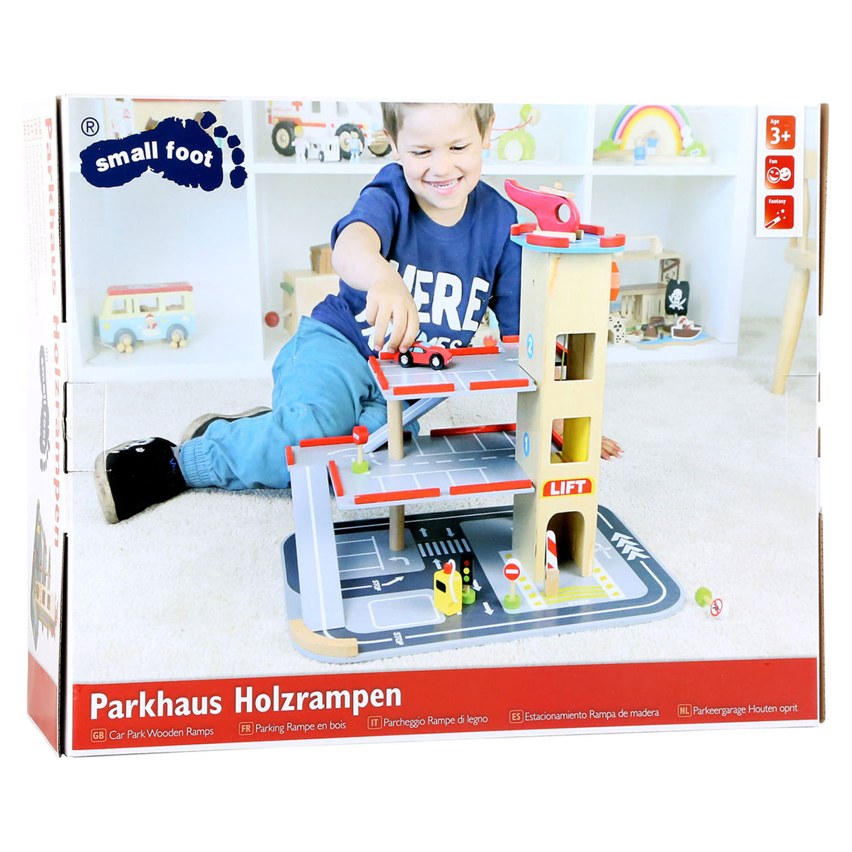 Small foot wooden parking garage with accessories