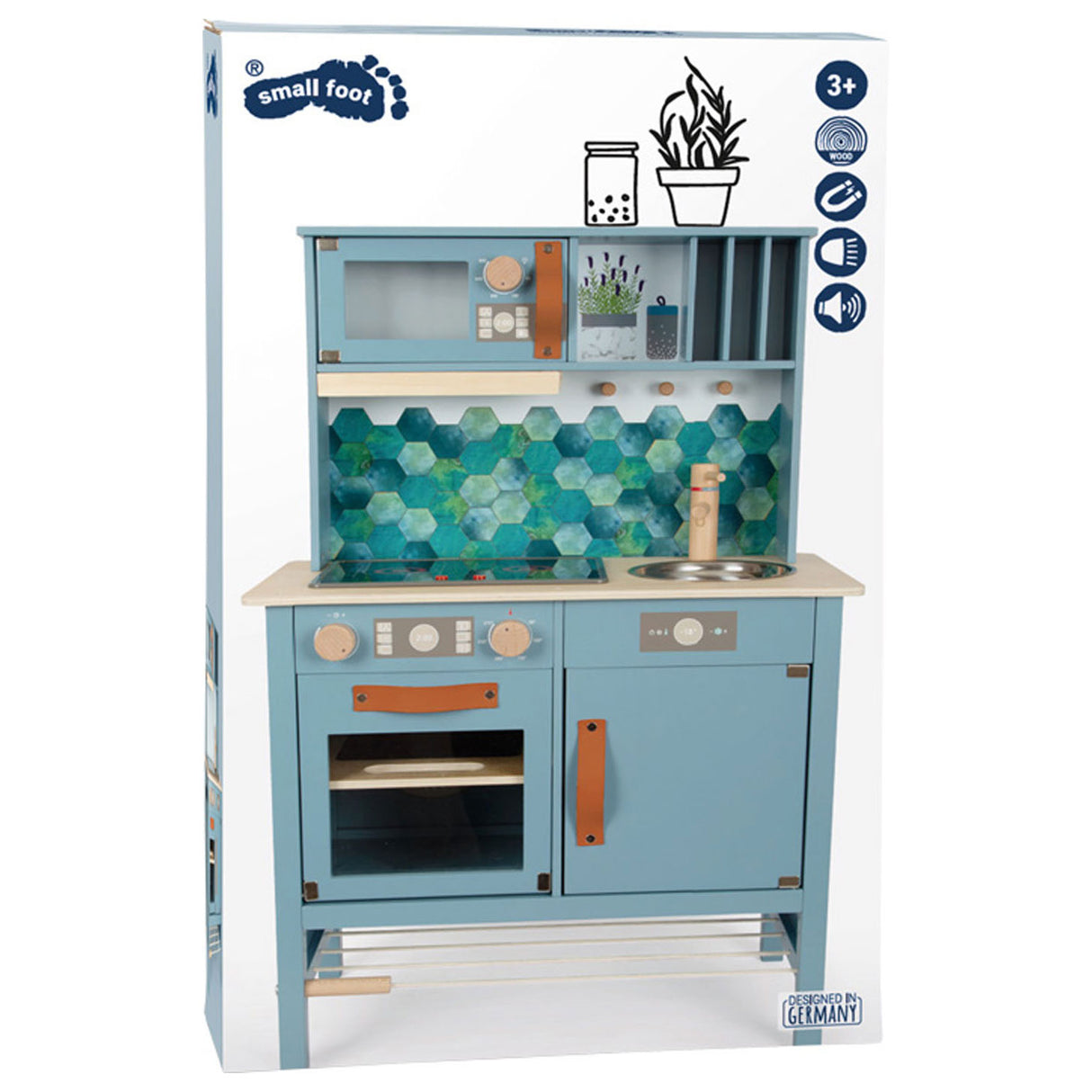 Cocina para niños de madera pequeña de pie azul, 7dlg.