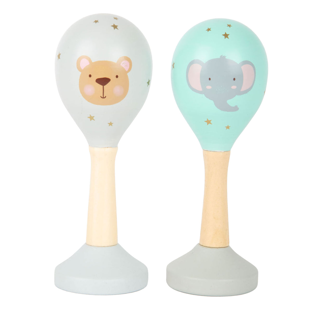 Klenge Fouss Holz Puppelchen Rattle Macacas Dier, Set vun 2