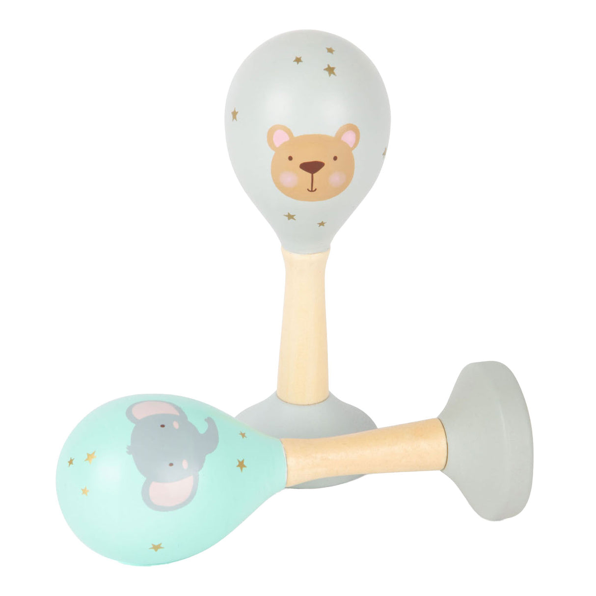 Klenge Fouss Holz Puppelchen Rattle Macacas Dier, Set vun 2