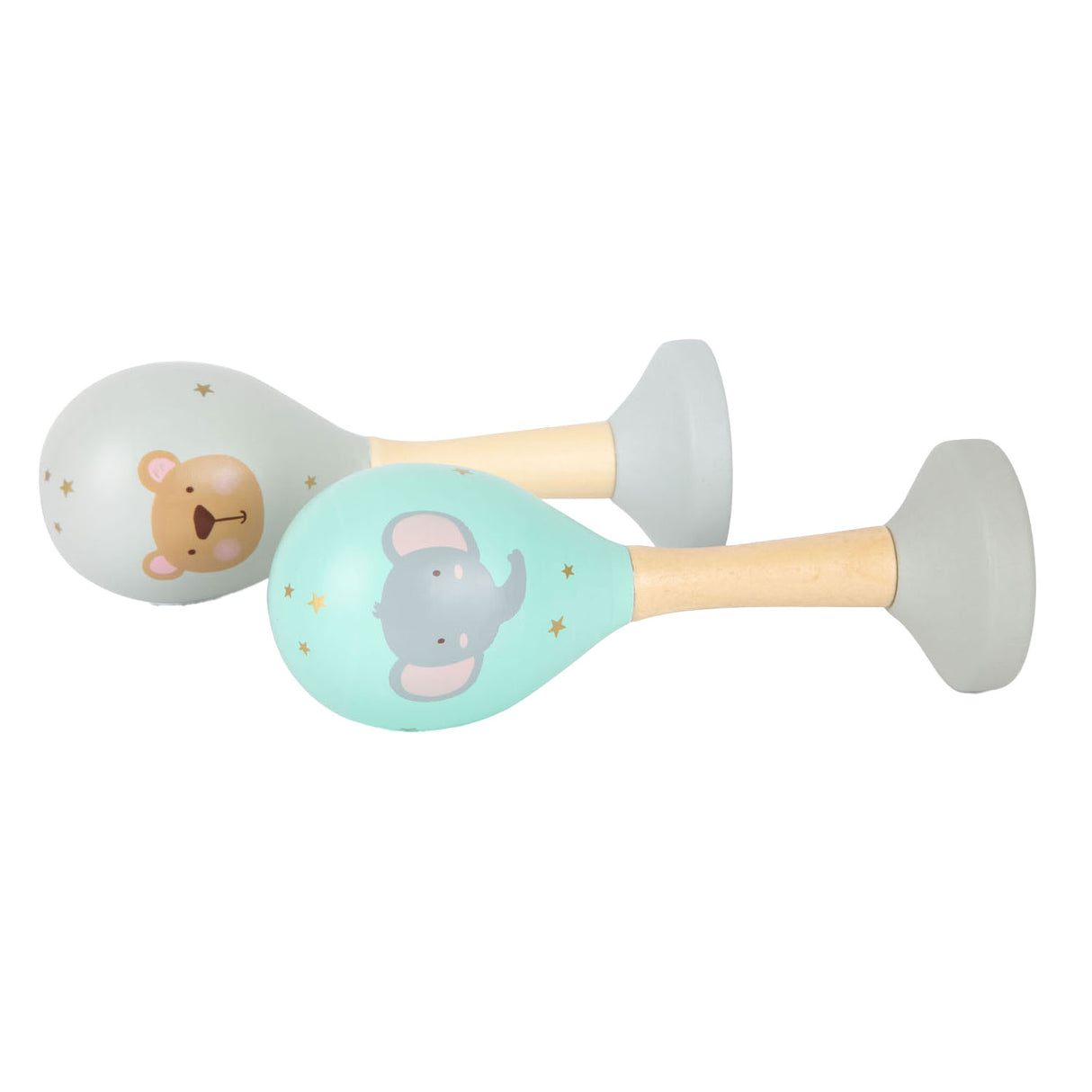 Klenge Fouss Holz Puppelchen Rattle Macacas Dier, Set vun 2