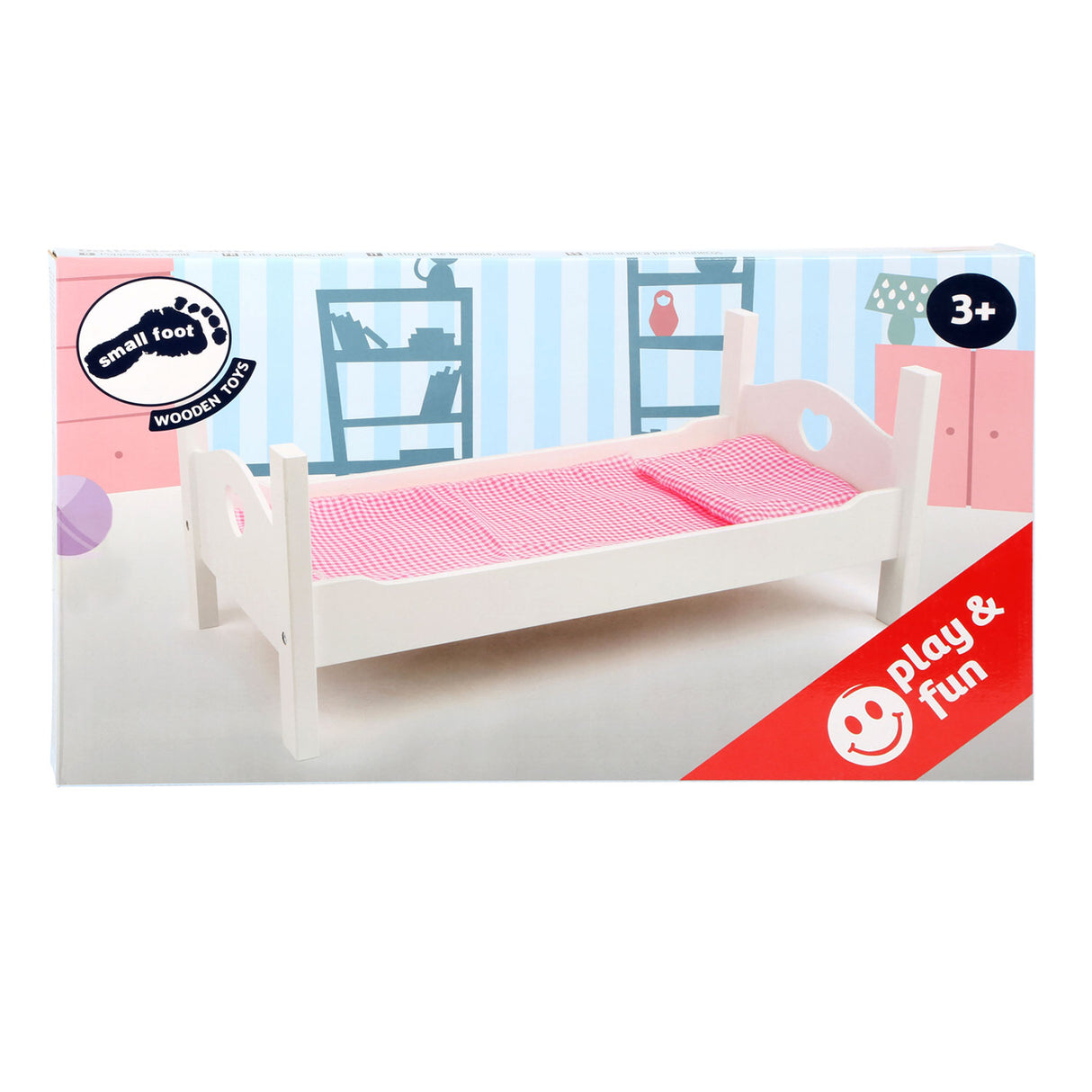 Cama de muñeca de madera de pie pequeña blanca con ropa de cama, 4dlg.