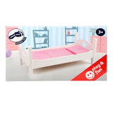 Kleines Fuß Holzpuppenbett weiß mit Bettwäsche, 4dlg.
