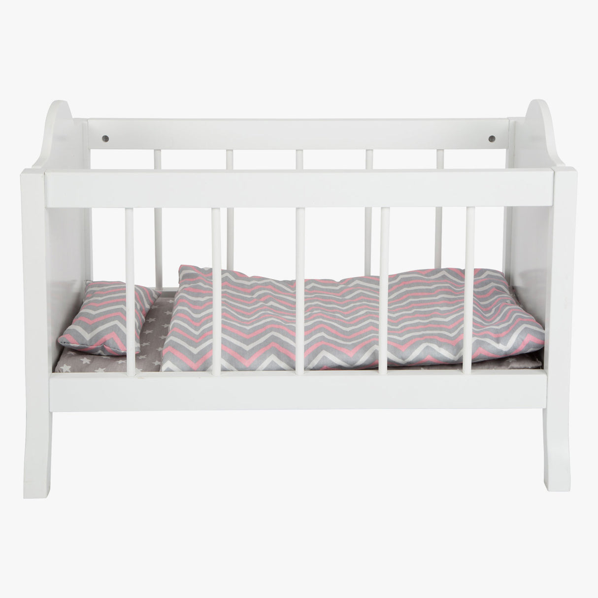 Cama de muñeca de madera de pie pequeño blanco con rayas de ropa de cama, 4dlg.