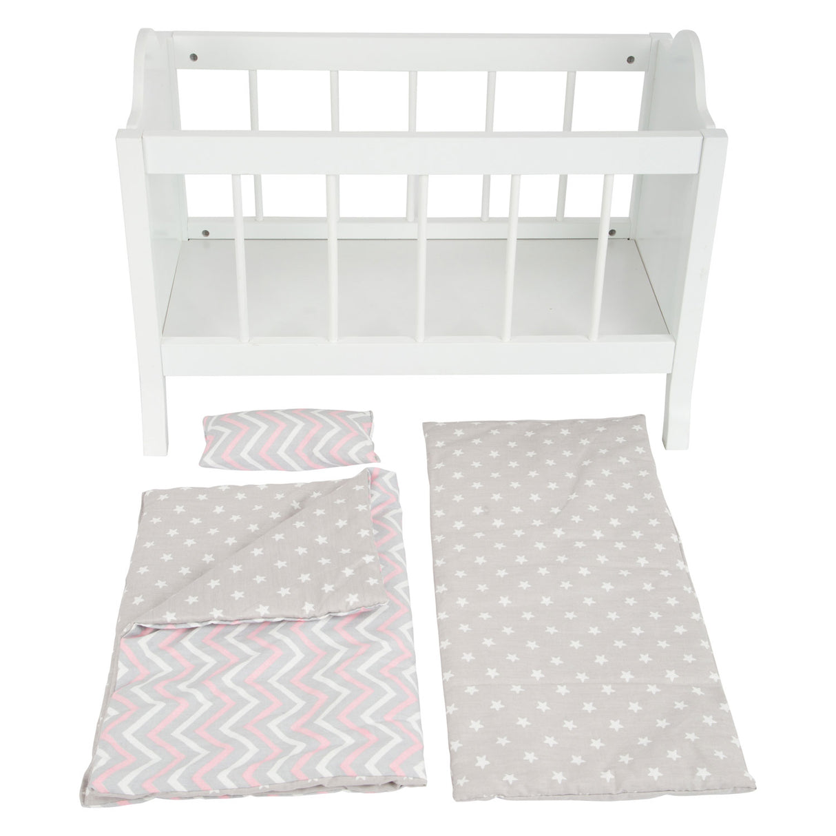 Cama de muñeca de madera de pie pequeño blanco con rayas de ropa de cama, 4dlg.