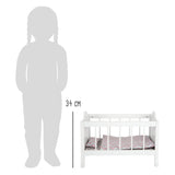 Cama de muñeca de madera de pie pequeño blanco con rayas de ropa de cama, 4dlg.