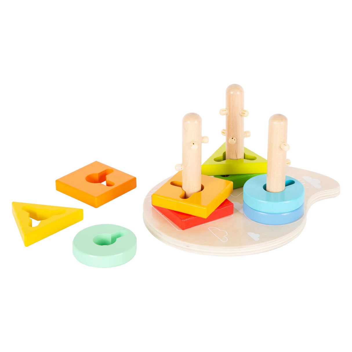 Small foot wooden shapes and sorted motor skapping toys, 10dlg.