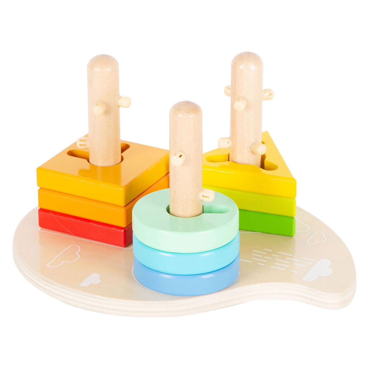 Small foot wooden shapes and sorted motor skapping toys, 10dlg.