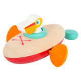 Small foot bath toy wooden canoe pelican is excited