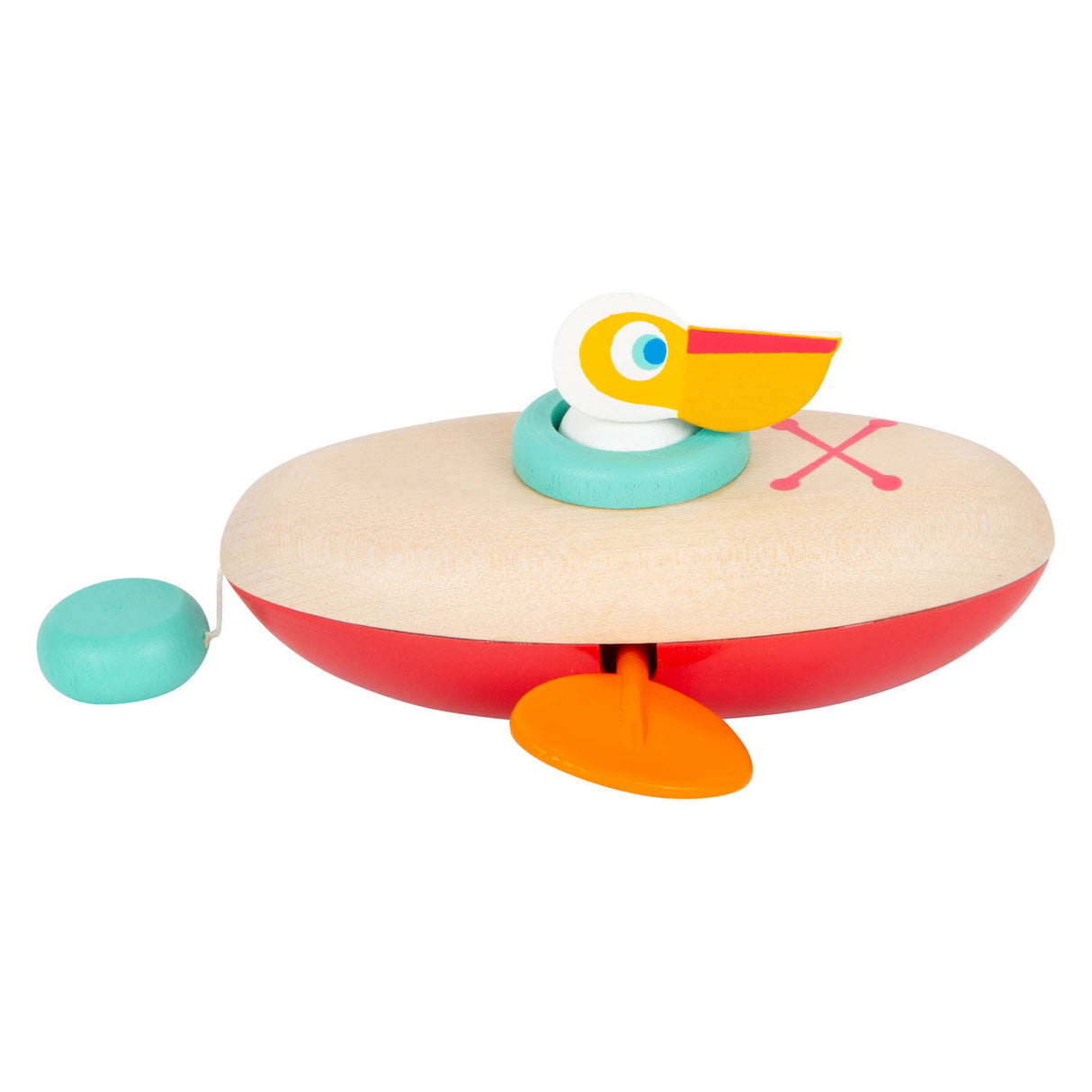 Small foot bath toy wooden canoe pelican is excited