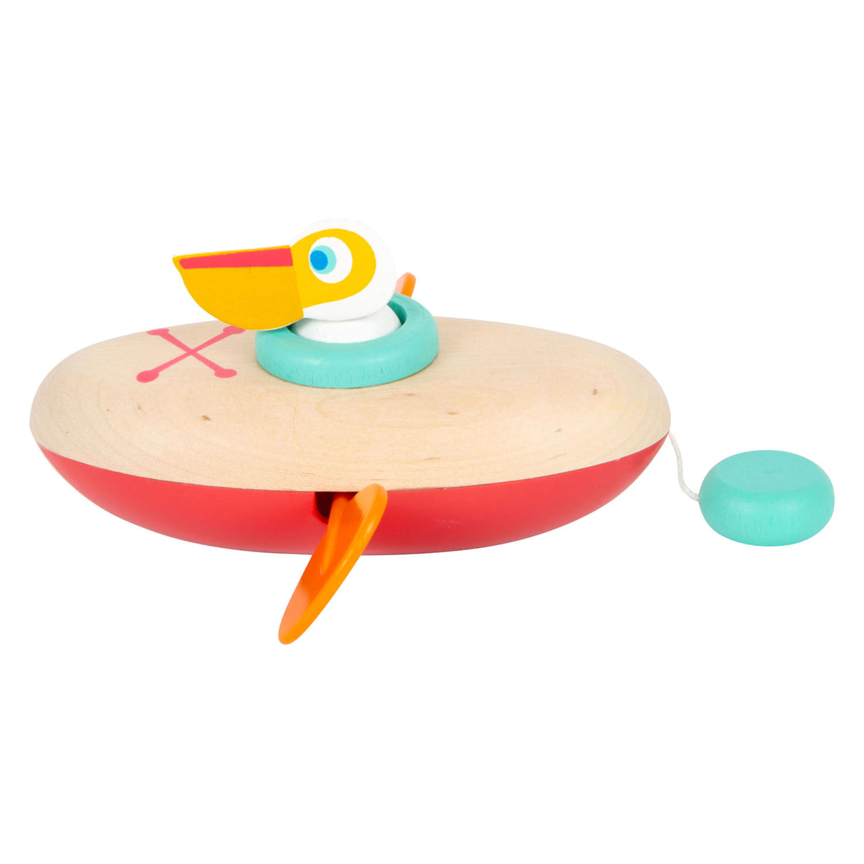 Small foot bath toy wooden canoe pelican is excited