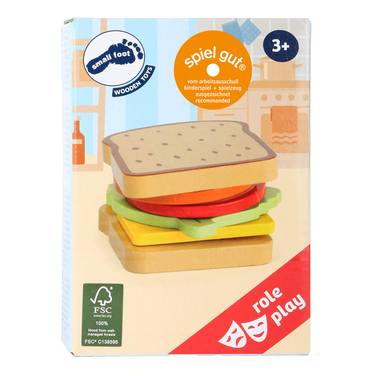 Playets de madera de pie pequeño sándwich con cubiertos, 7dlg.