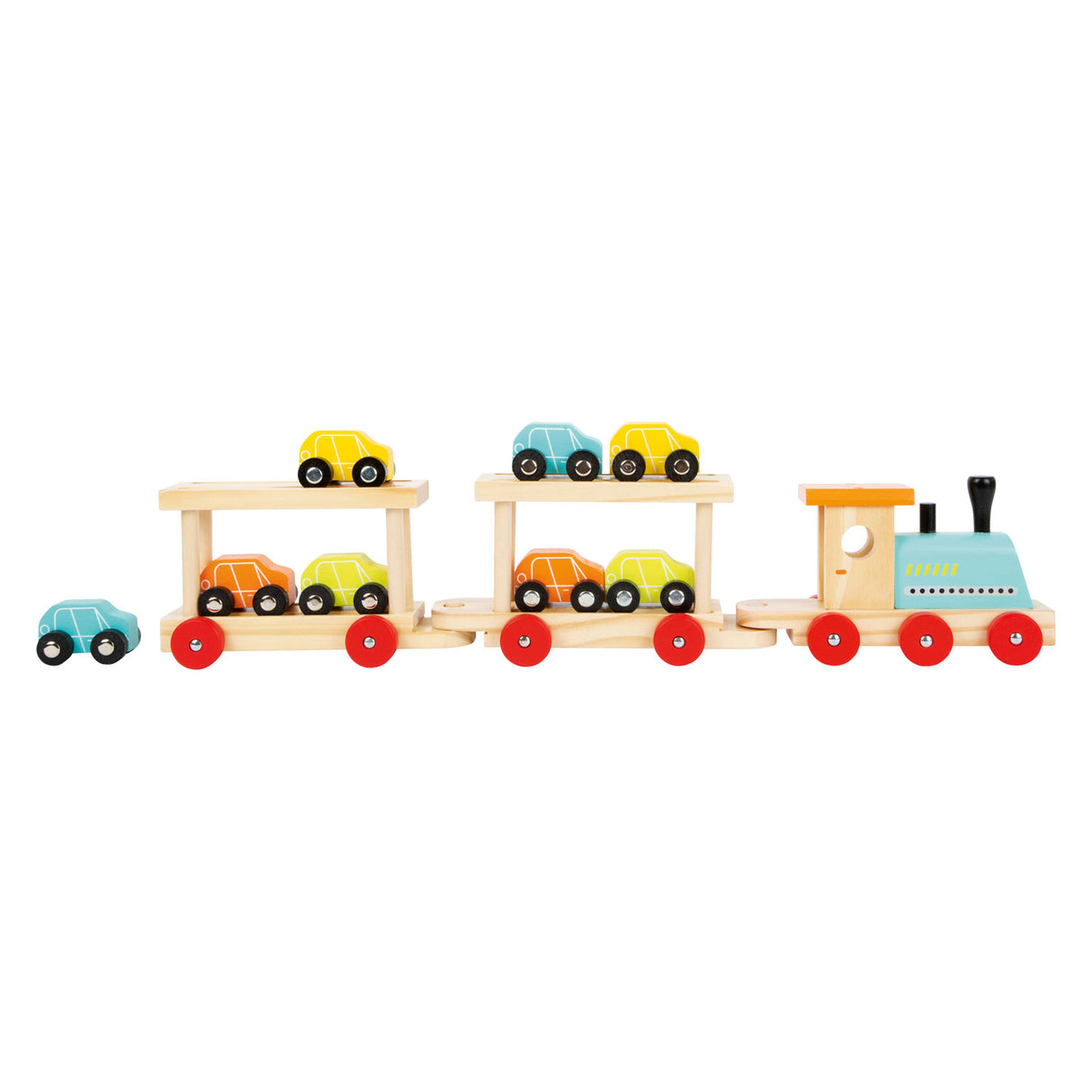 Transportador de tren de madera de pie pequeño con automóviles, 11dlg.