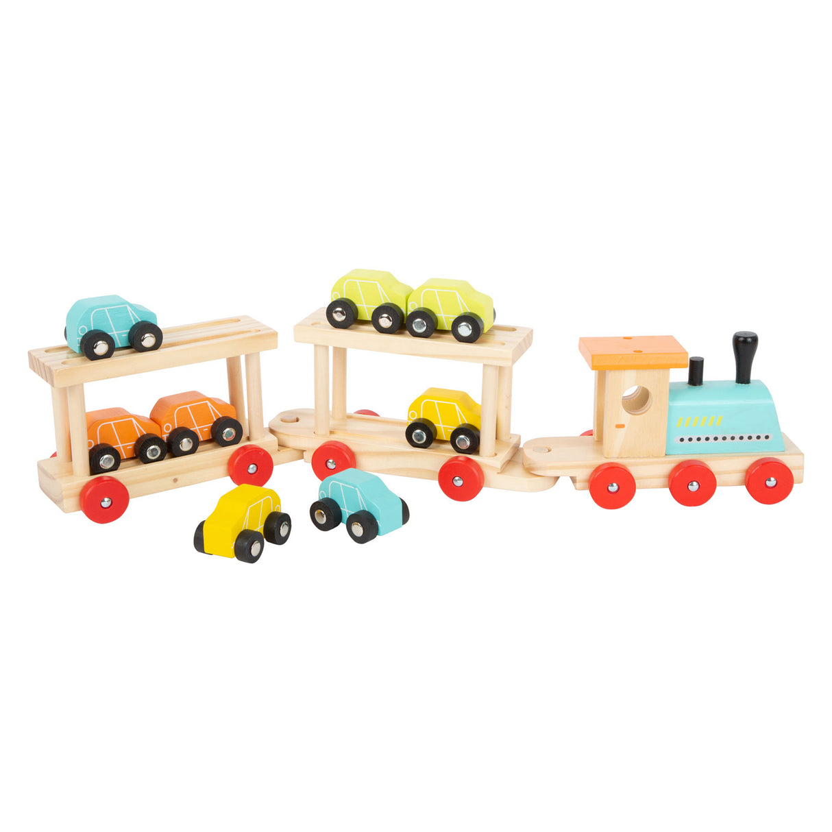 Transportador de tren de madera de pie pequeño con automóviles, 11dlg.