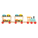 Transportador de tren de madera de pie pequeño con automóviles, 11dlg.