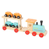 Transportador de tren de madera de pie pequeño con automóviles, 11dlg.