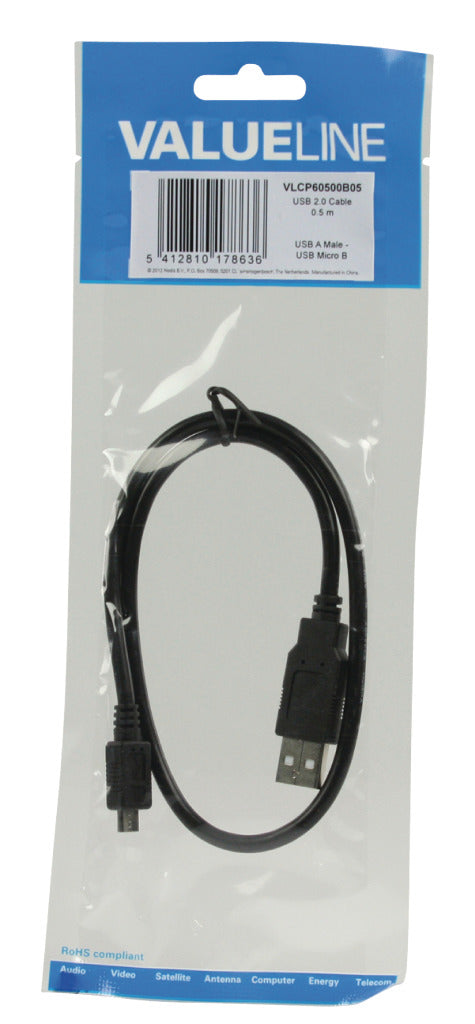 VALUELINE VLCP60500B05 USB 2,0 USB Mężczyzna - USB Micro B kabel męski 0,50 m czarny