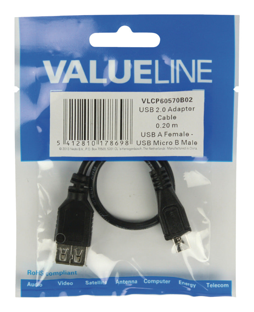 Valueline VLCP60570B02 USB 2.0 USB Micro B Stecker - USB A Buchse Adapterkabel 0,20 m Schwarz