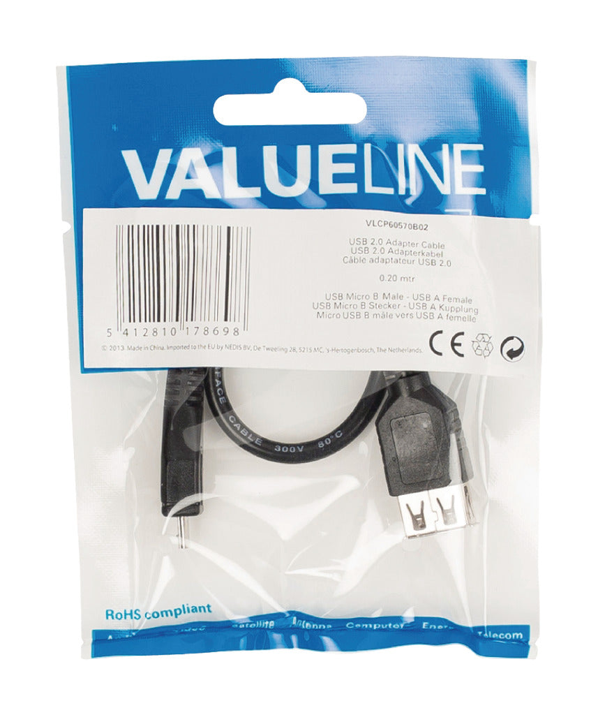 VALUELLINE VALUELINE VLCP60570B02 USB 2.0 USB Micro B Male USB A Cable adaptateur femelle 0,20 m noir