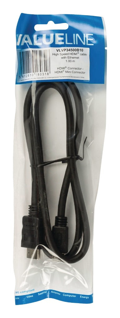 Valueline VLVP34500B10 Hochgeschwindigkeits-HDMI-Kabel mit Ethernet-HDMI – HDMI-Mini-Stecker, 1,00 m, Schwarz