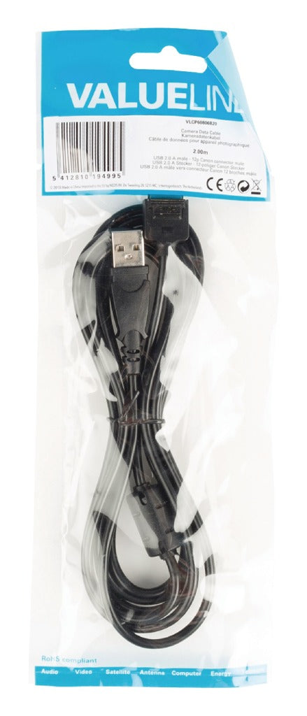 Valueline VLCP60806B20 Kamera-Datenkabel, USB 2.0 A-Stecker – 12P Canon-Stecker, 2,00 m, Schwarz