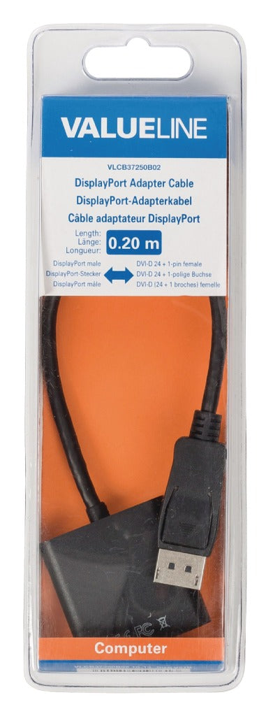 Valueline VLCB37250B02 DisplayPort-Adapterkabel, DisplayPort-Stecker – DVI-D 24 + 1-polige Buchse, 0,20 m, Schwarz