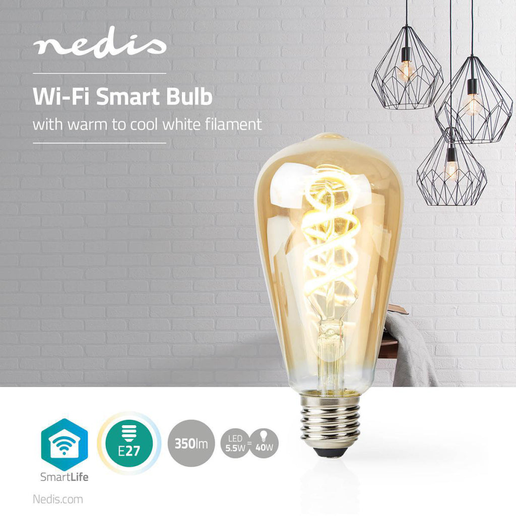 Nedis wifilt10gdst64 wi-fi wi-fi toplo do hladno belo LED žarnica nitk obrnil e27 st64 5,5 w 350 lm