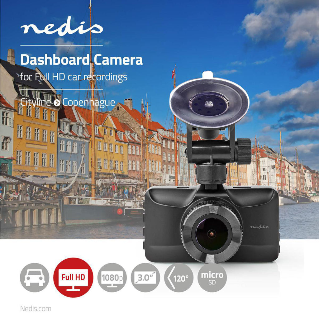 NEDIS DCAM15BK Dashcam Full HD 1080 P 1 CH Angle de vision de 3,0 pouces de 120 degrés; logement métallique