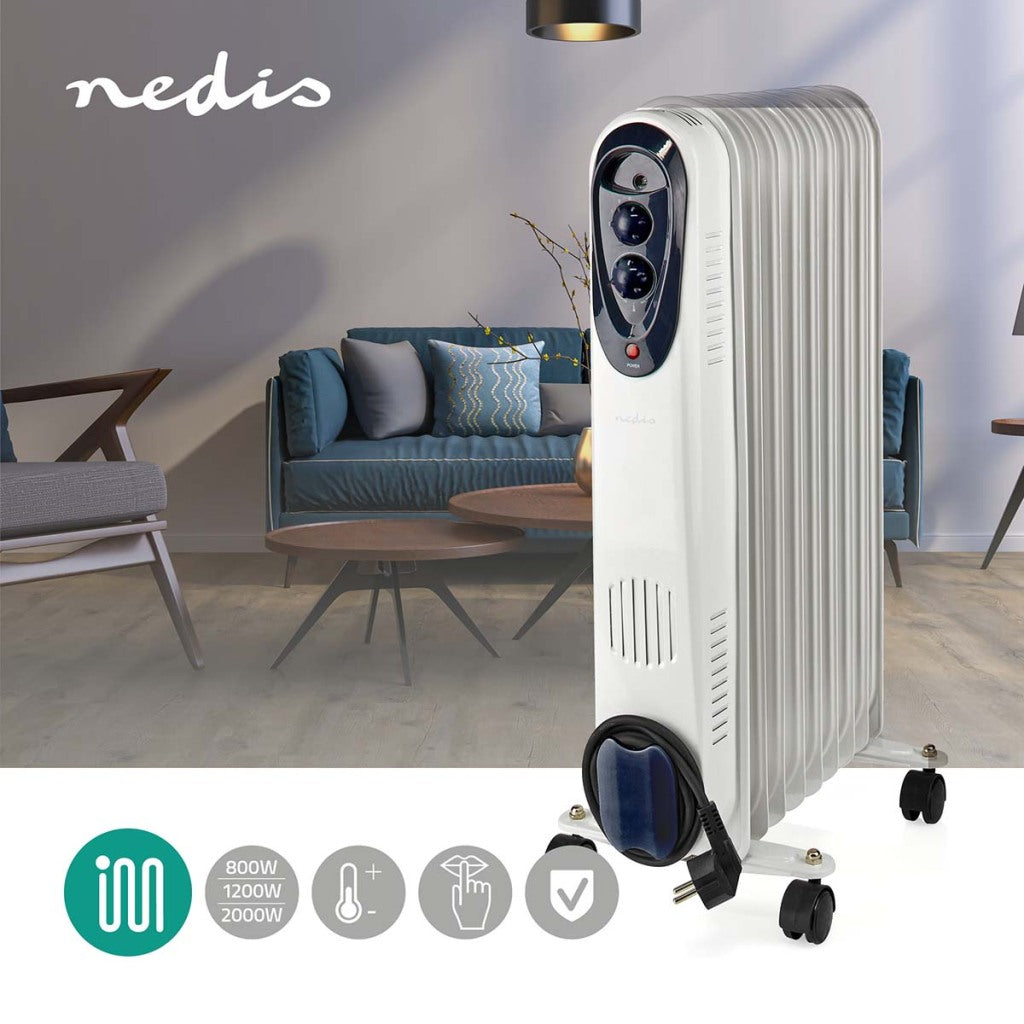 Nedis HTOI30WT9 Mobiler Ölkühler 800 1200 2000 W 9 Flossen einstellbare Thermostat 3 Wärmepositionen Omval Prevention Weiß