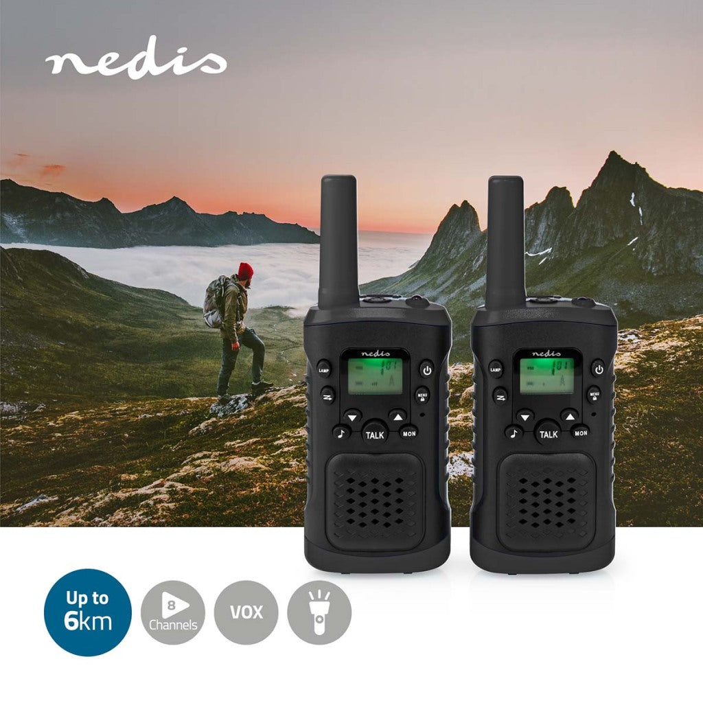 Nedis WLTK0610BK Walkie Talkie Set 2 Handsets Up to 6 km Frequency channels: 8 PTT Vox to 3 hours of headphone output 2 Headsets Black