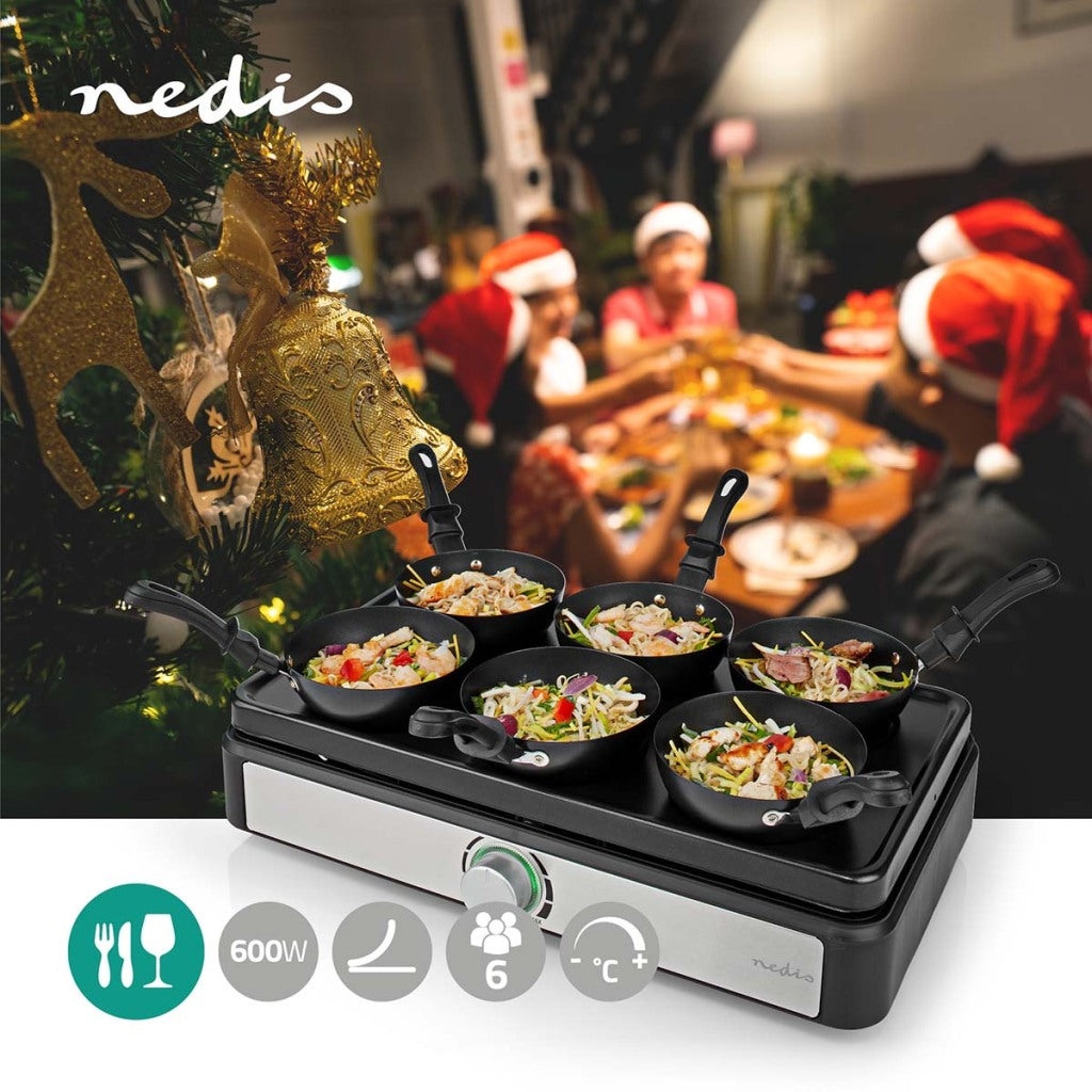 NEDIS FCRA310FBK6 Party Wokset Grill 6 Personer Spatel Temperaturinställning Anti-stick låg rektangel