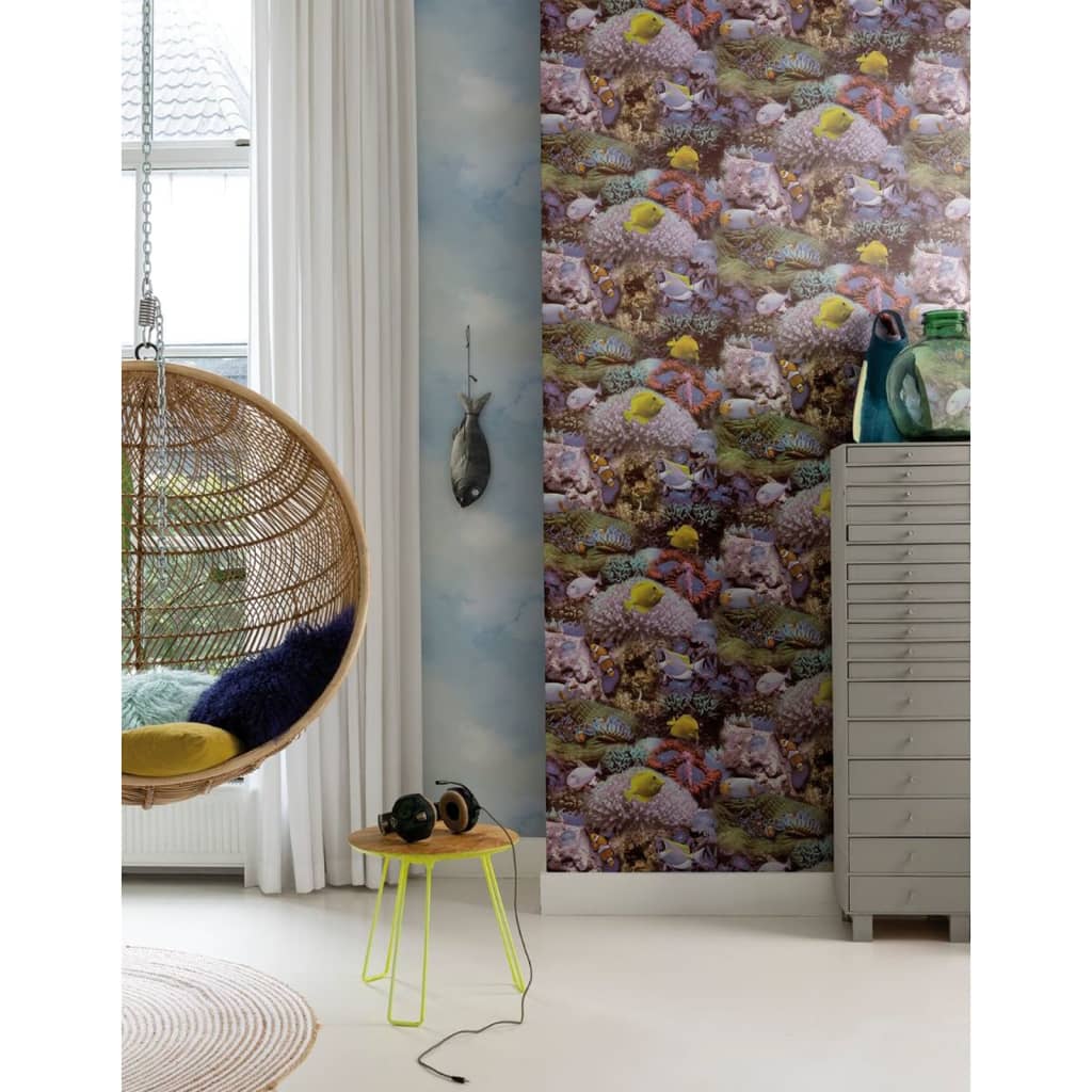 Noordwand Noordwand Wallpaper Good Vibes Coral and Tropical Fish Geel and Purple