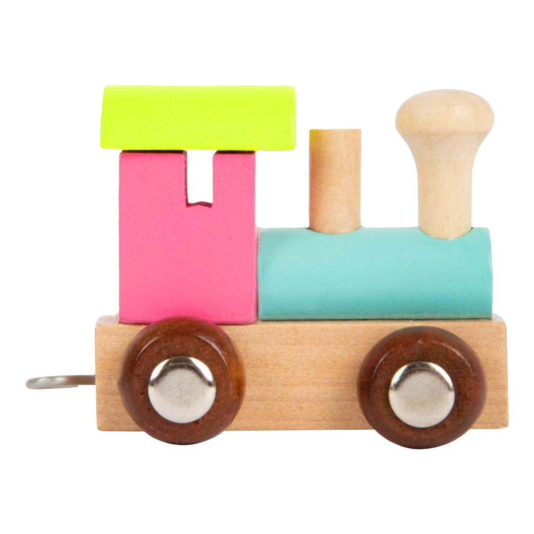 Kleiner Fuß – farbige Zuglokomotive aus Holz mit Buchstaben