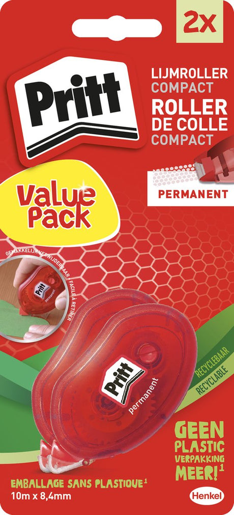 Pritt Leimroller kompakt | Rolle 4,2 x 10 mm | Advantage Kleberoller Blister 1+1 gratis | Kleberoller für Büro und Schule.